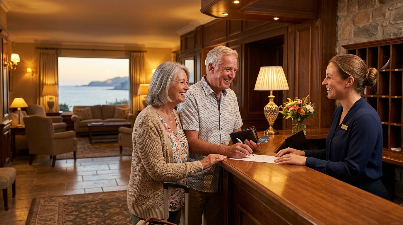 Retraités arrivant à l'hôtel hors saison