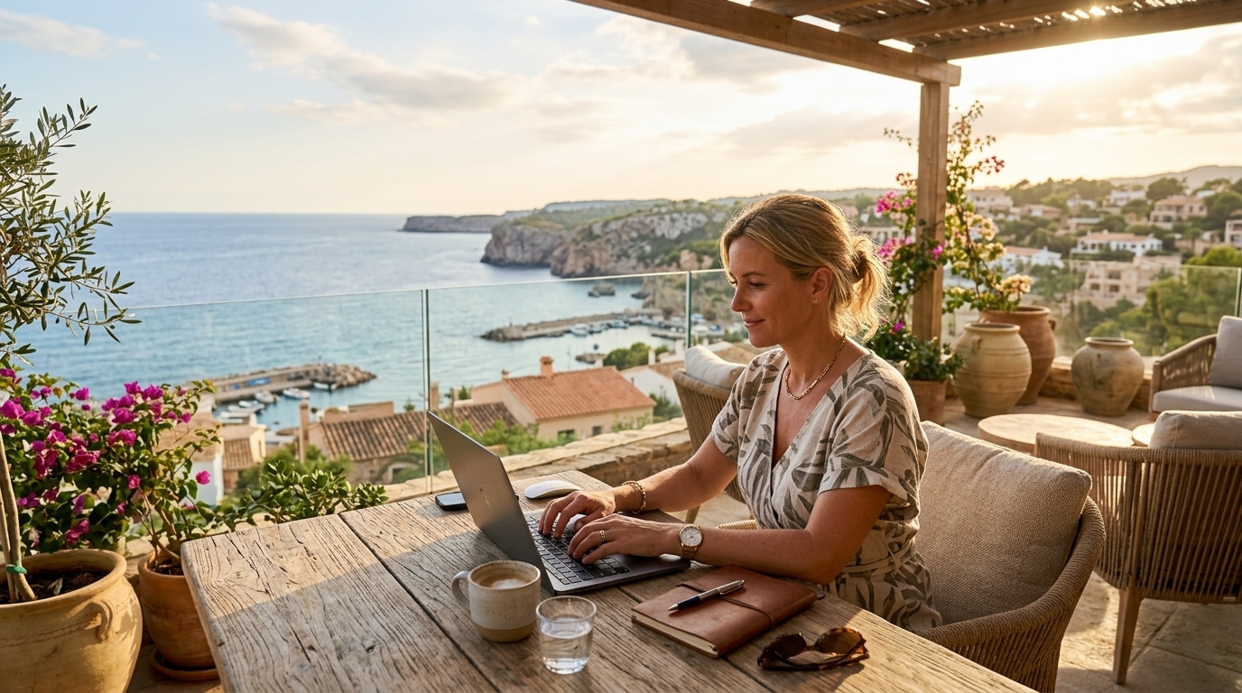 Femme en télétravail depuis une terrasse en vacances