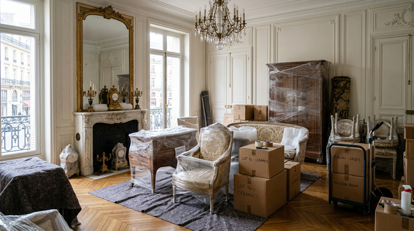 Appartement parisien avec meubles emballés pour vente aux enchères