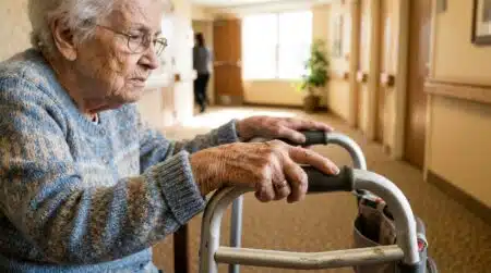 Femme âgée avec déambulateur dans couloir d'Ehpad