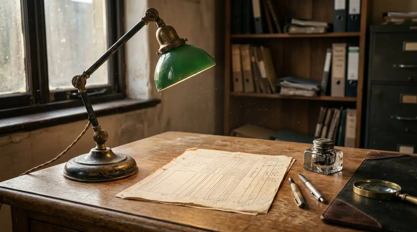Bureau ancien avec document et lampe vintage