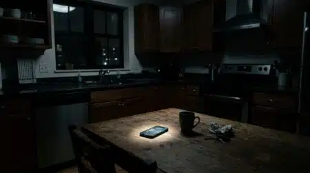 Cuisine plongée dans le noir éclairée par un téléphone en pleine nuit