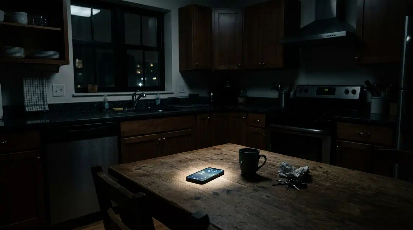 Cuisine plongée dans le noir éclairée par un téléphone en pleine nuit