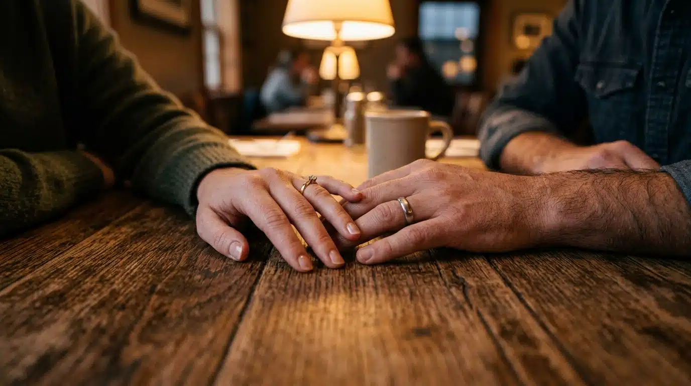 Mains proches sur une table en bois, ambiance intime