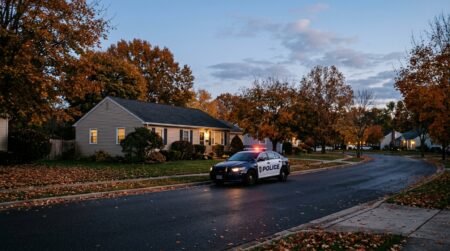 Maison de banlieue américaine avec voiture de police garée