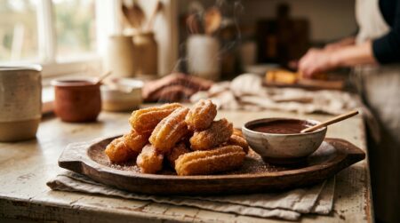 Assiette de mini churros dorés saupoudrés de cannelle