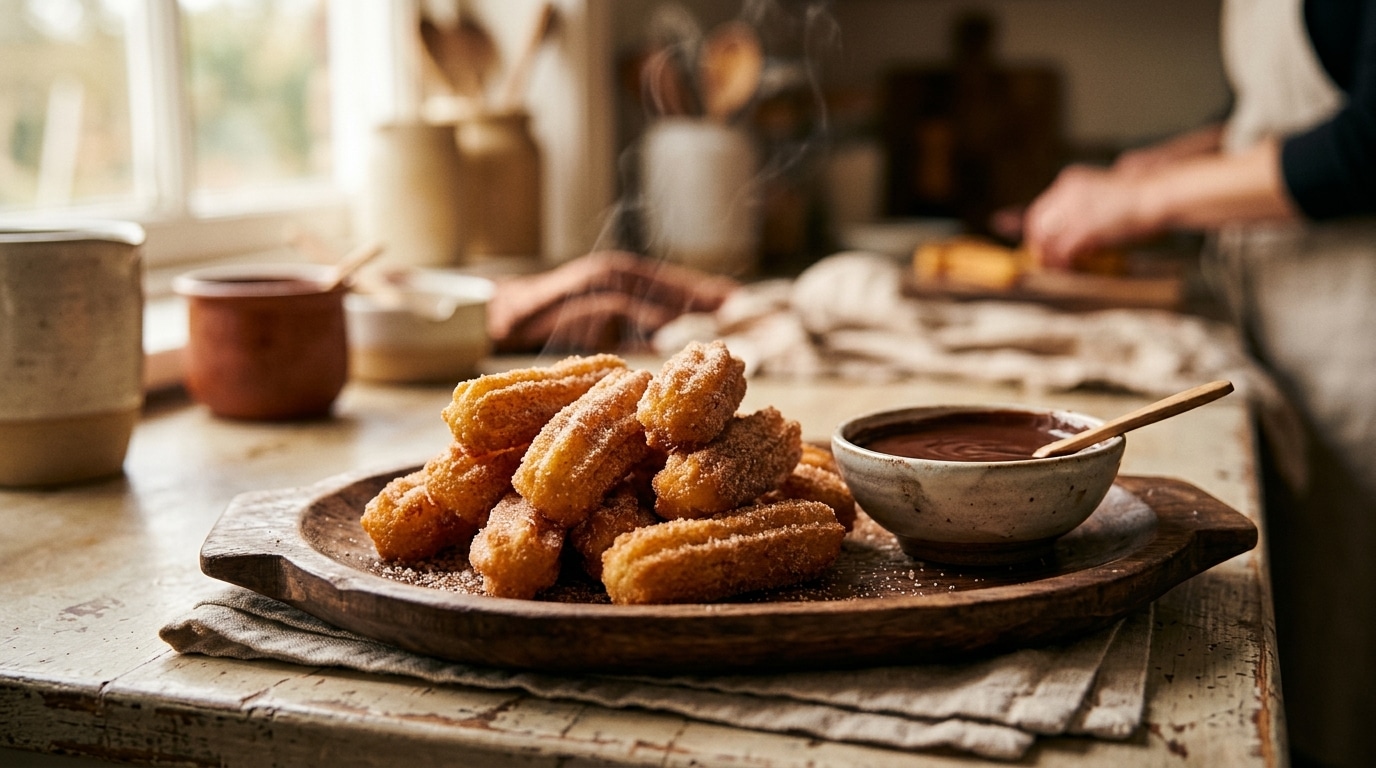 Assiette de mini churros dorés saupoudrés de cannelle