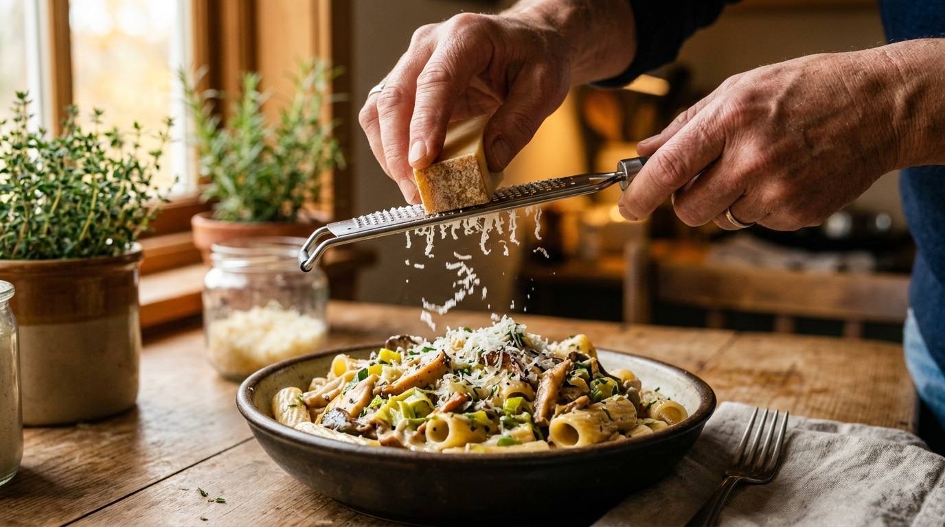 Mains râpant du fromage sur pâtes crémeuses maison