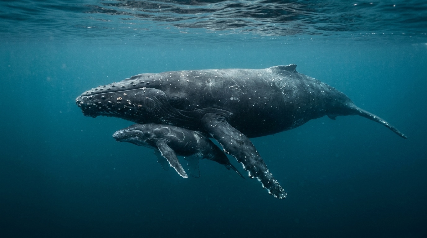 Baleine à bosse flottant près de son baleineau mort-né