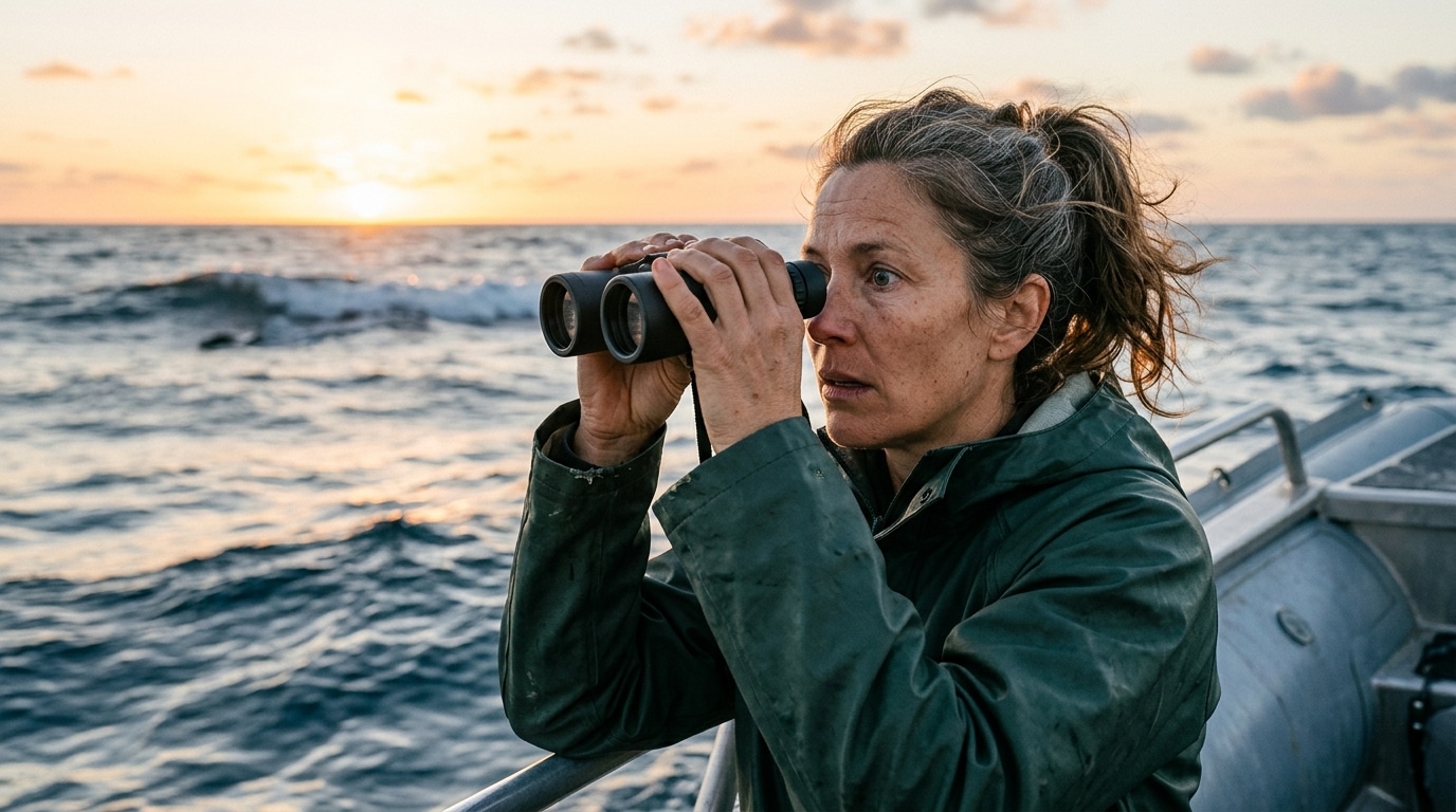 Chercheur marin observant l'océan avec émotion depuis un bateau
