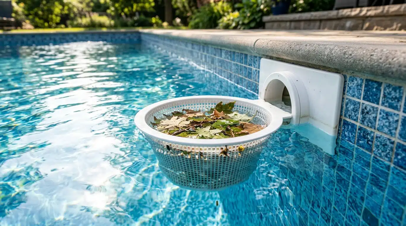 Skimmer flottant fixé sur la paroi d'une piscine
