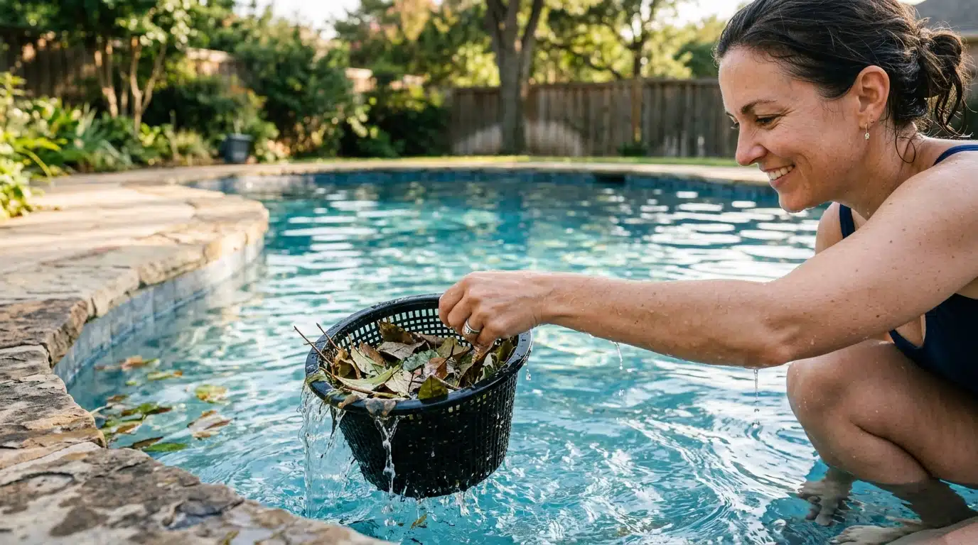 Main retirant un panier de skimmer rempli de feuilles