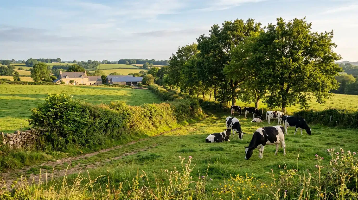Haies bocagères bordant un pâturage breton avec vaches