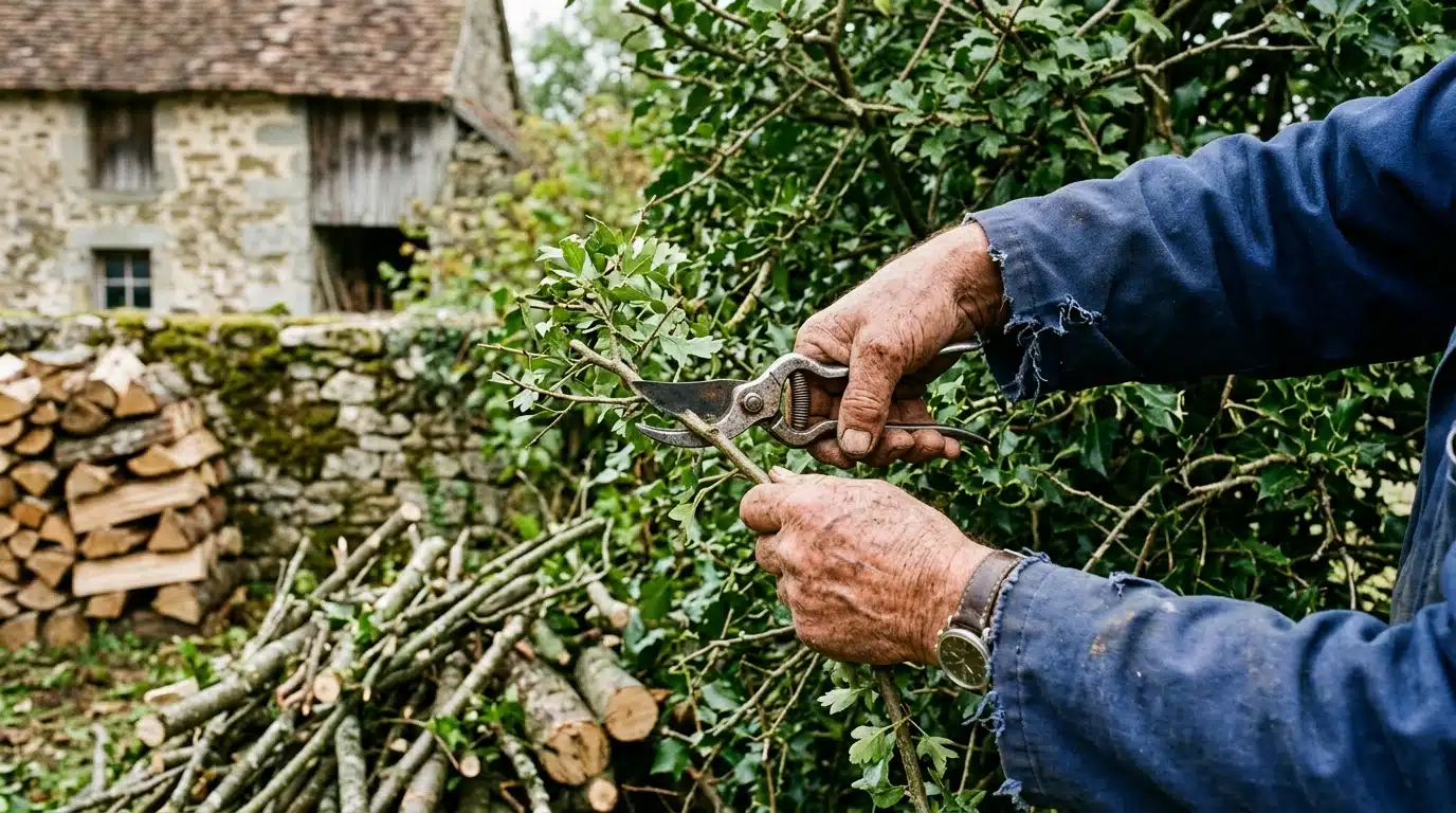 Mains d'un agriculteur taillant une haie et du bois coupé