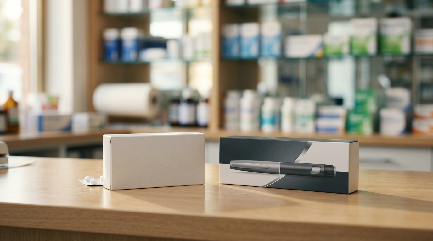 Boîtes de médicaments contrastées sur comptoir de pharmacie