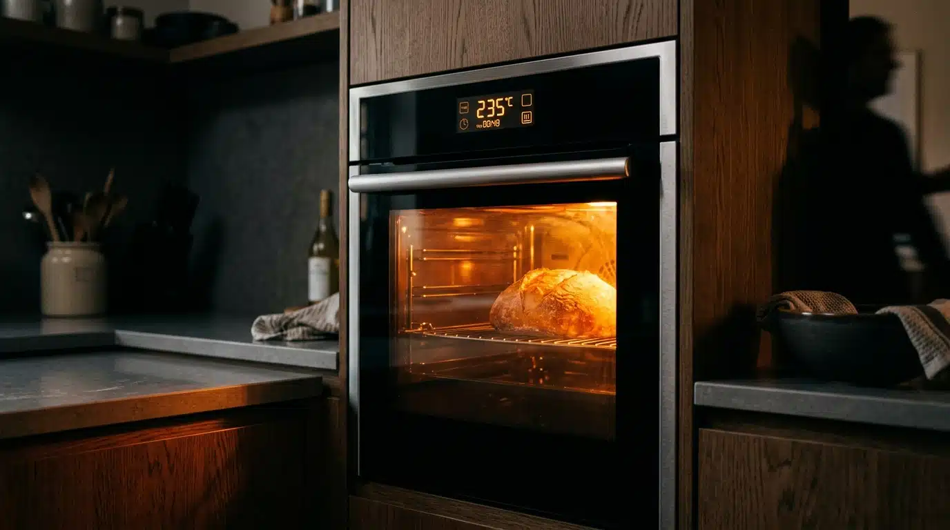 Four électrique allumé dans une cuisine sombre