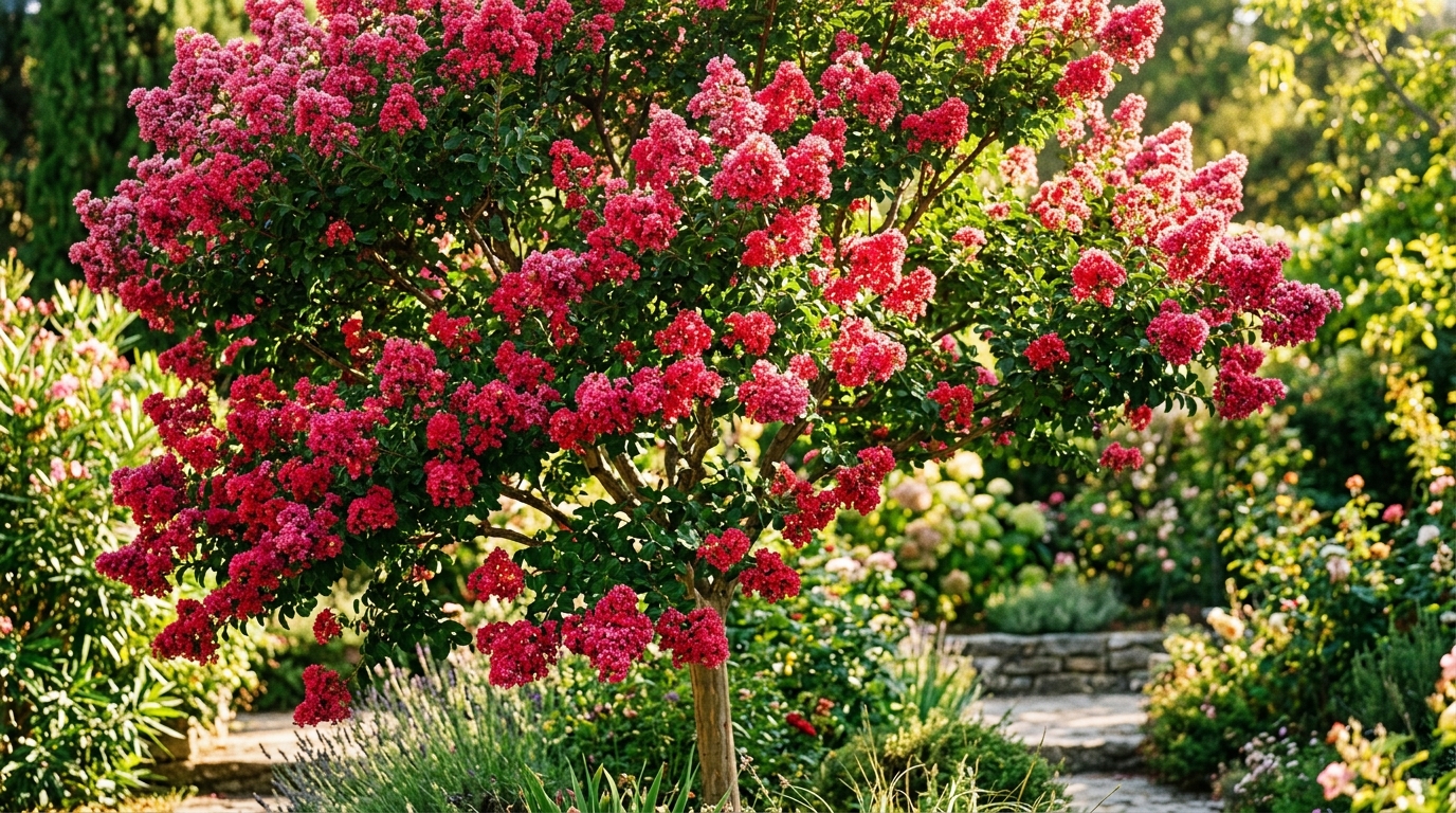 Myrte de Chine en fleurs roses dans un jardin
