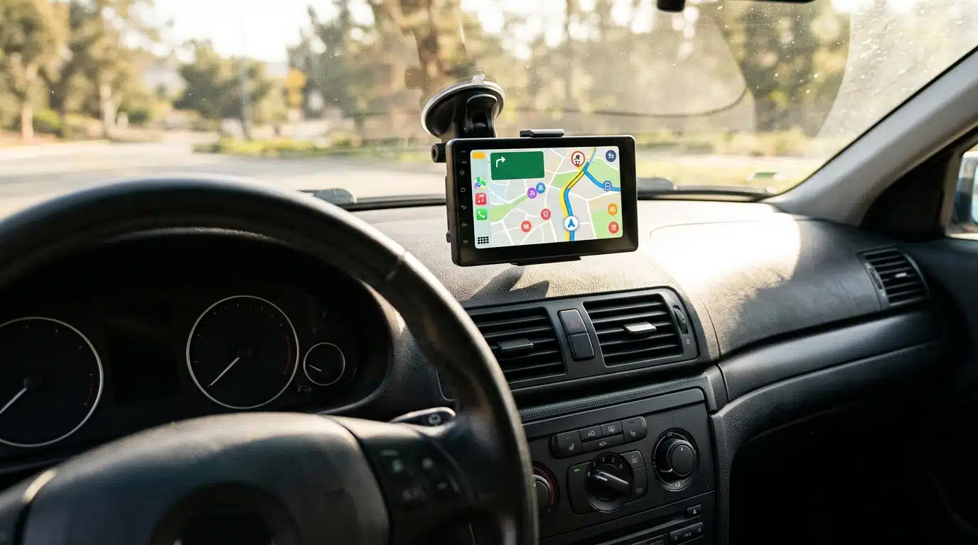 Écran tactile CarPlay fixé sur tableau de bord de voiture