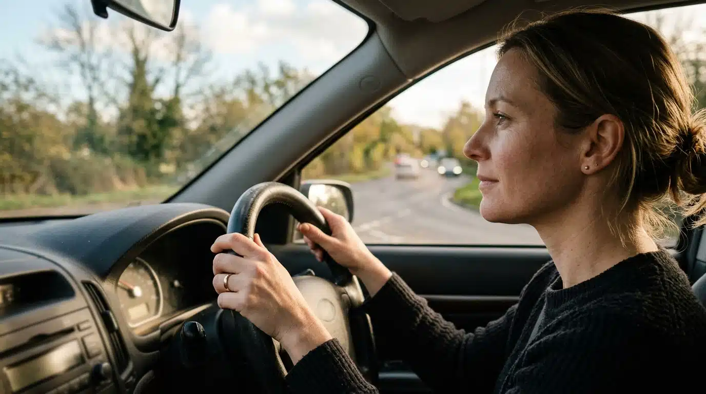 Conducteur anonyme les mains sur le volant, regard concentré