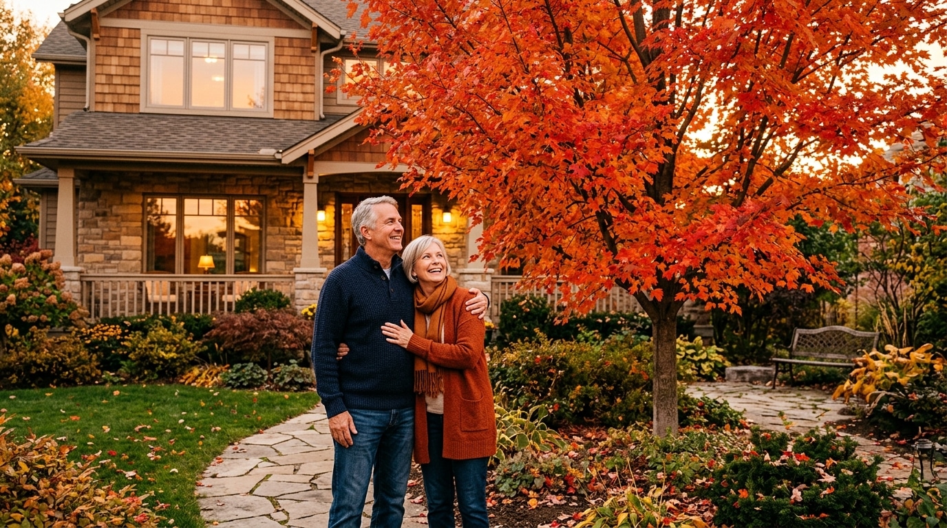 Couple souriant devant un érable Autumn Blaze aux couleurs vives