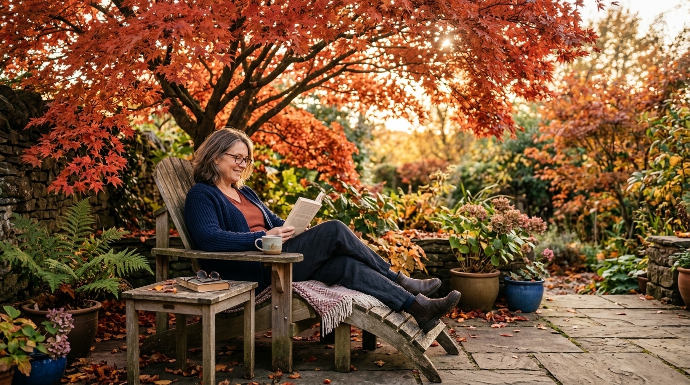 Femme détendue à l'ombre d'un érable sur sa terrasse