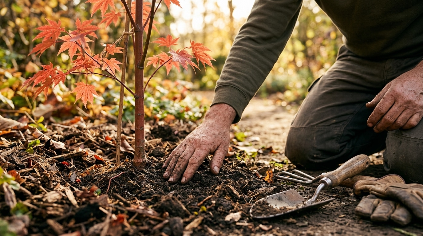 Jardinier vérifiant le pied d'un jeune érable planté au jardin