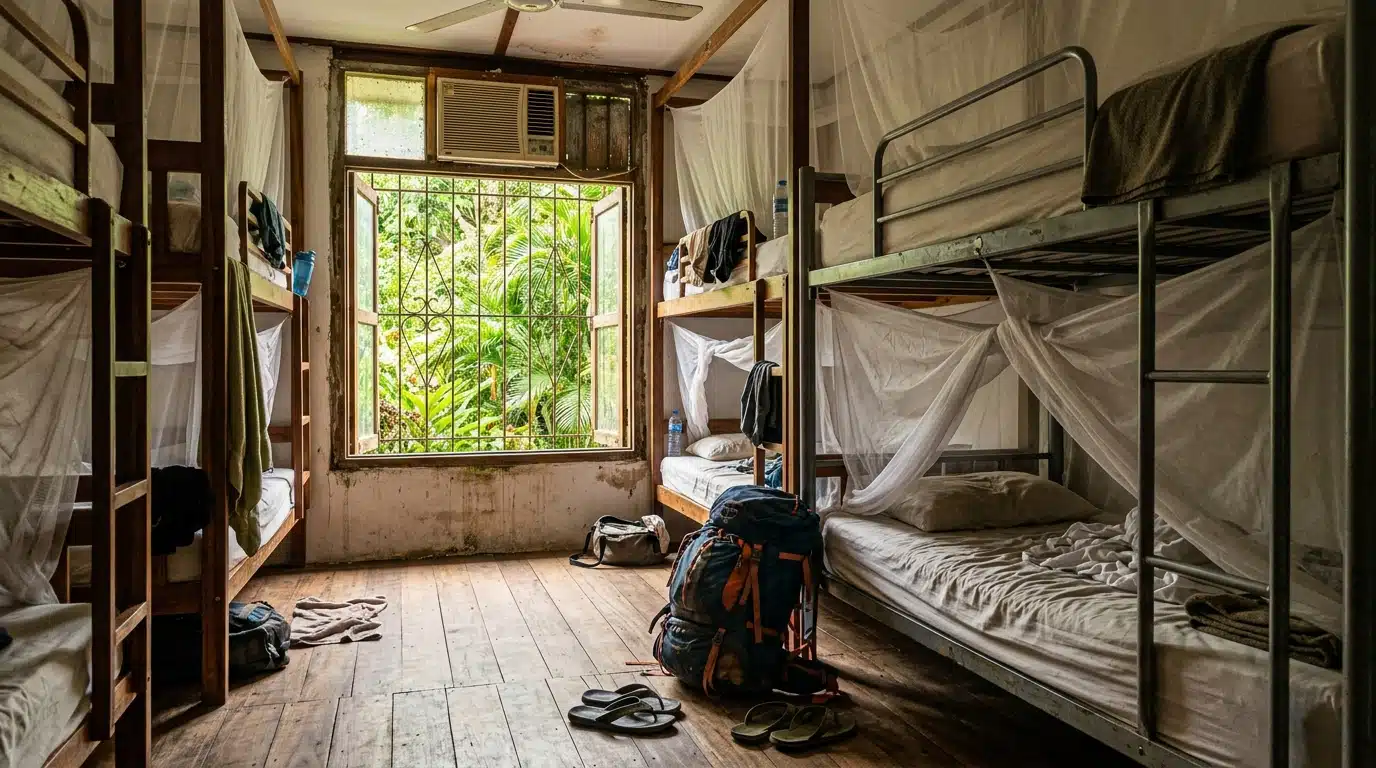 Chambre partagée avec lits superposés et végétation tropicale
