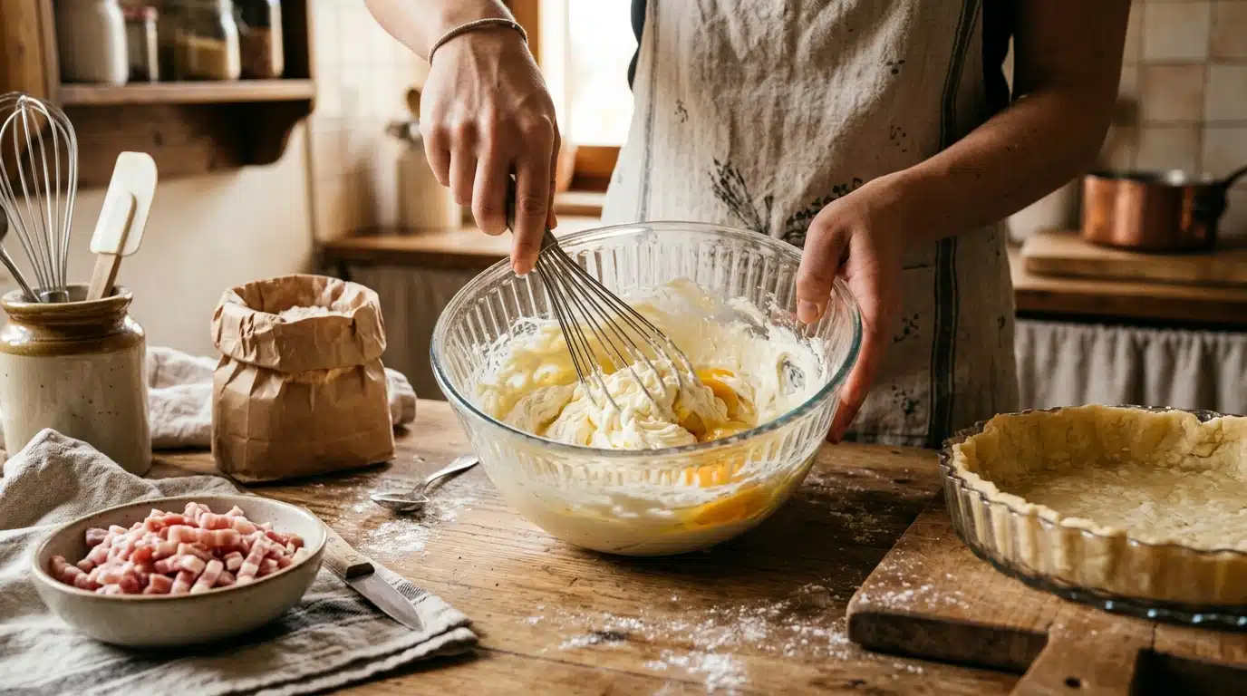 Bol de mascarpone mélangé aux œufs pour quiche