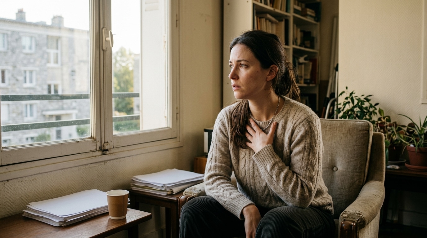 Jeune femme pensive et troublée près d'une fenêtre