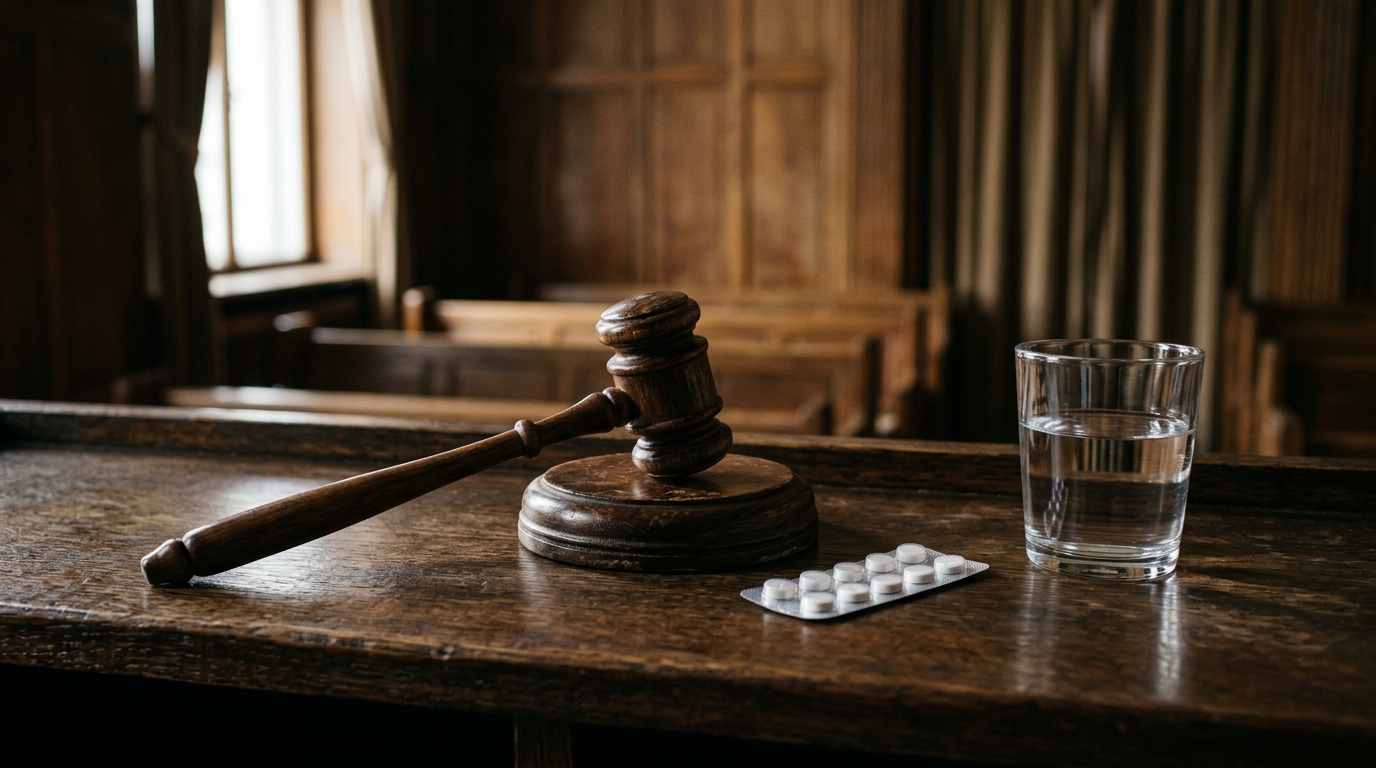 Marteau de tribunal et comprimés médicaux sur table
