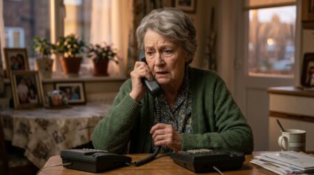 Personne âgée inquiète au téléphone chez elle