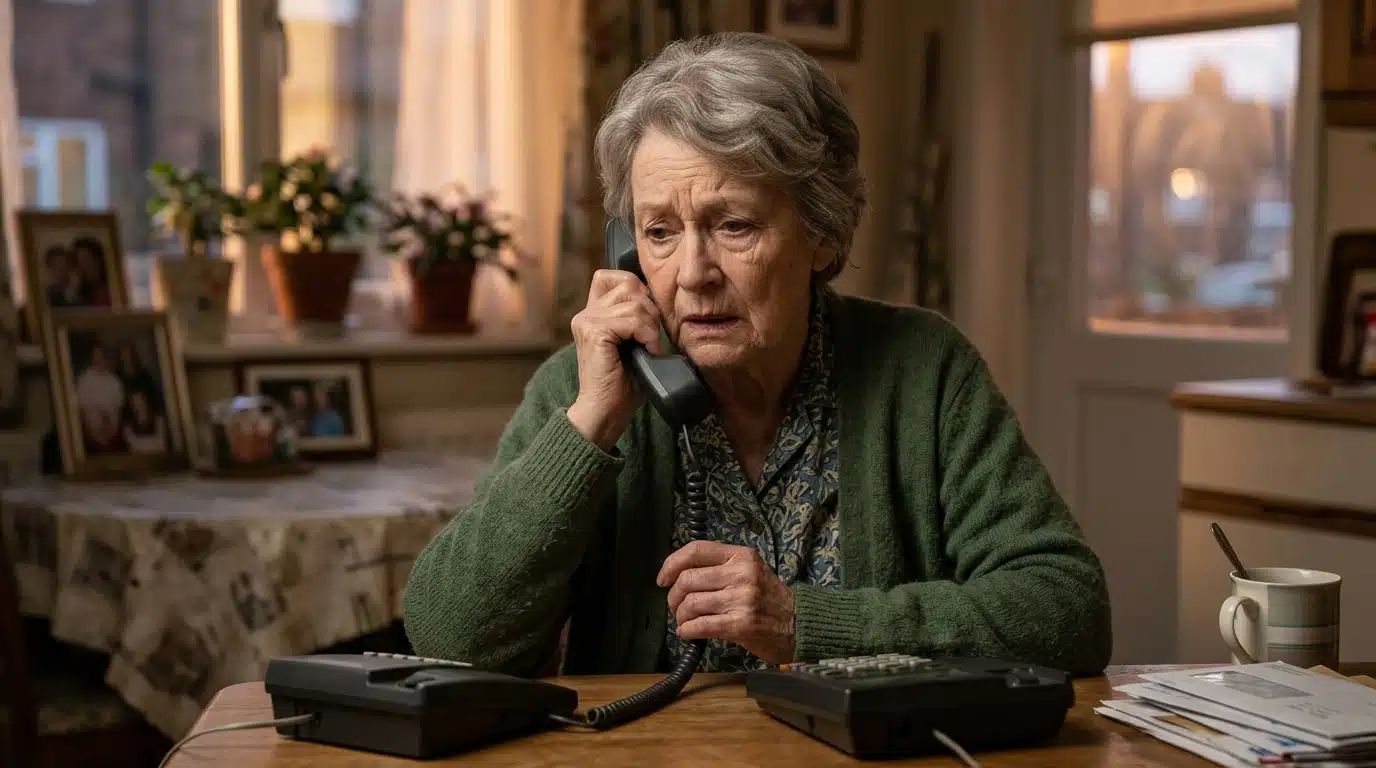 Personne âgée inquiète au téléphone chez elle