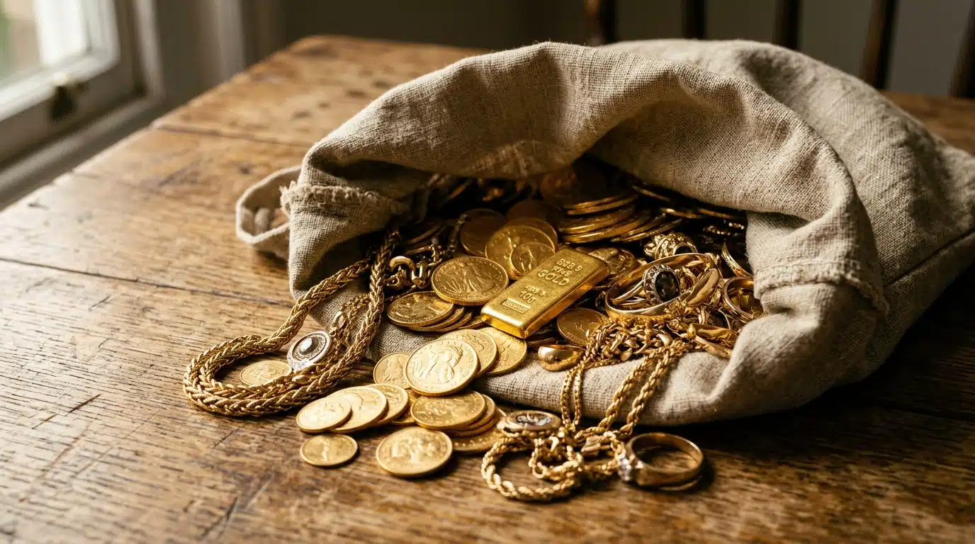 Lingots, pièces d'or et bijoux dans un sac