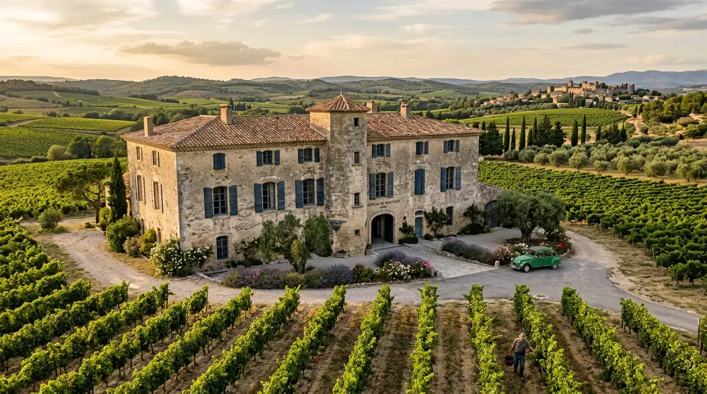 Façade en pierre d'un château viticole entouré de vignes
