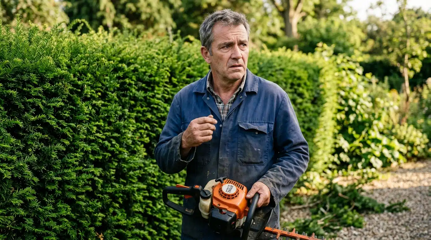 Jardinier hésitant devant sa haie avec un taille-haie