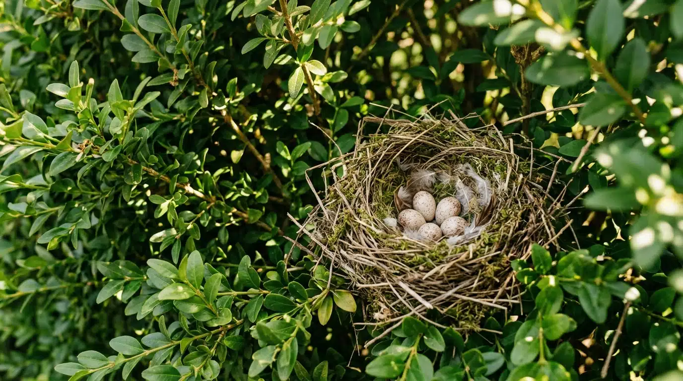 Nid d'oiseau avec œufs caché dans une haie