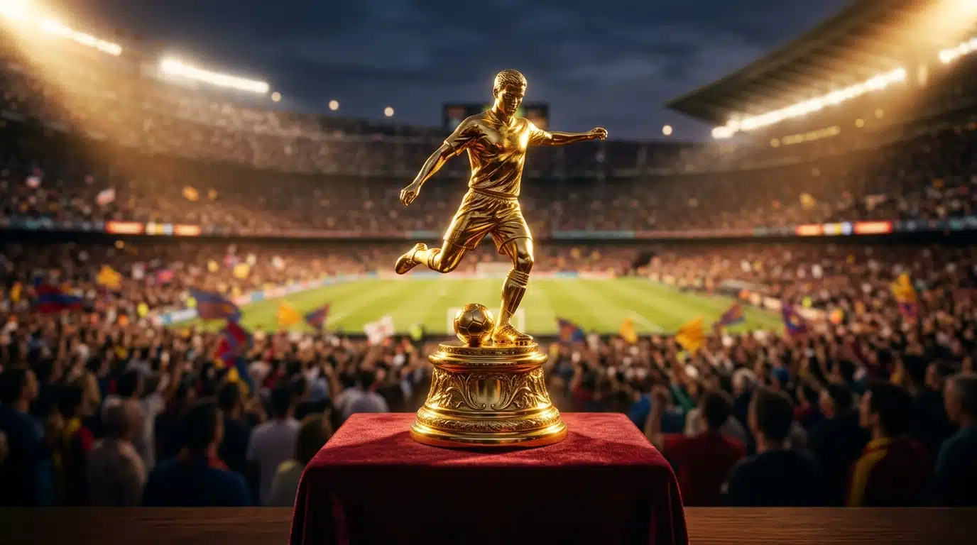 Trophée doré sur socle en velours sous projecteurs