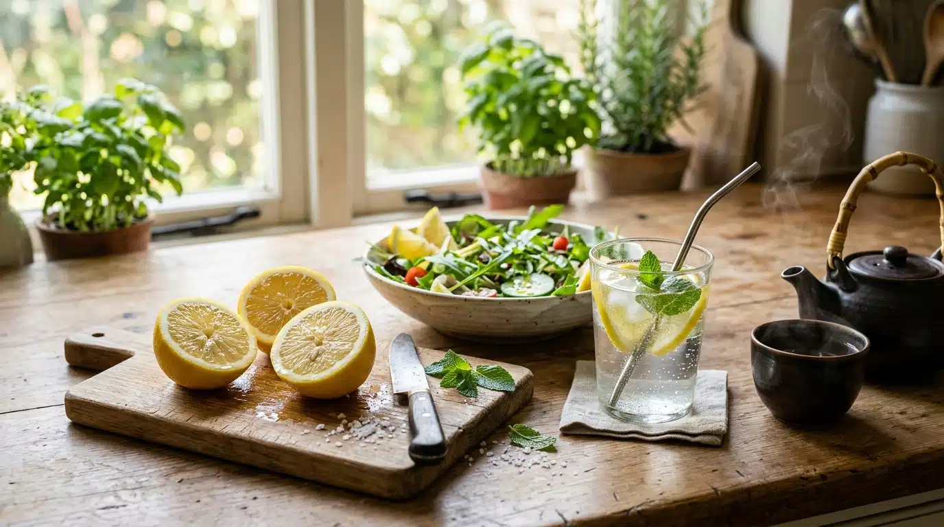 Citrons coupés et eau citronnée sur plan de travail