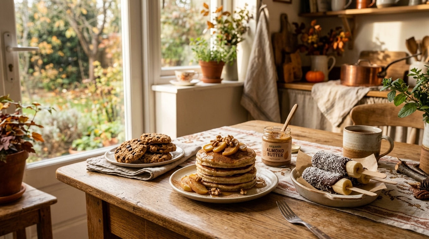 Pancakes à la banane et cookies faits maison sur table