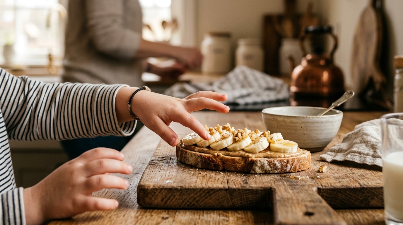 Mains d'enfant attrapant une tartine banane fruits secs