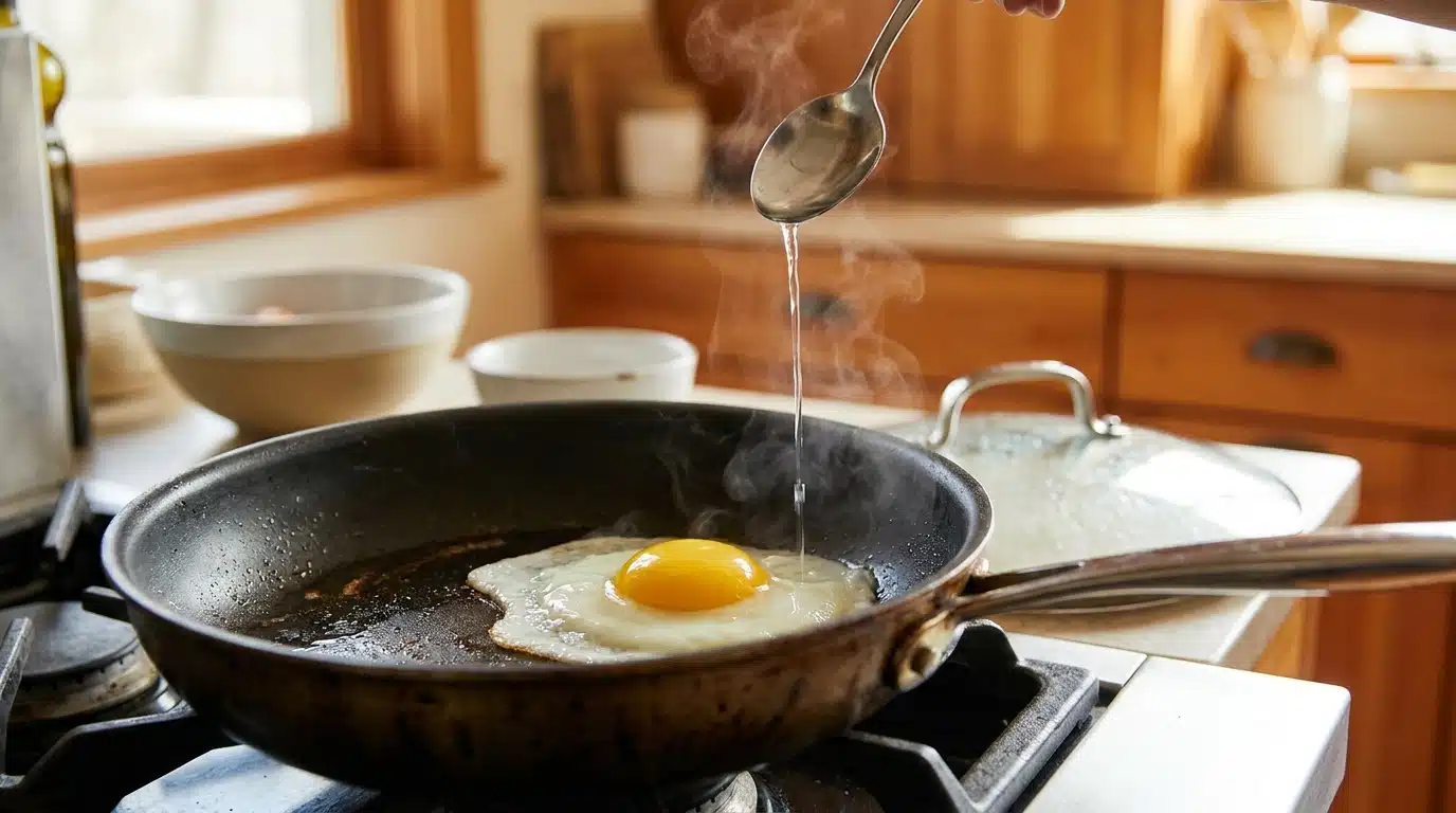 Filet d'eau versé dans une poêle avec un œuf au plat