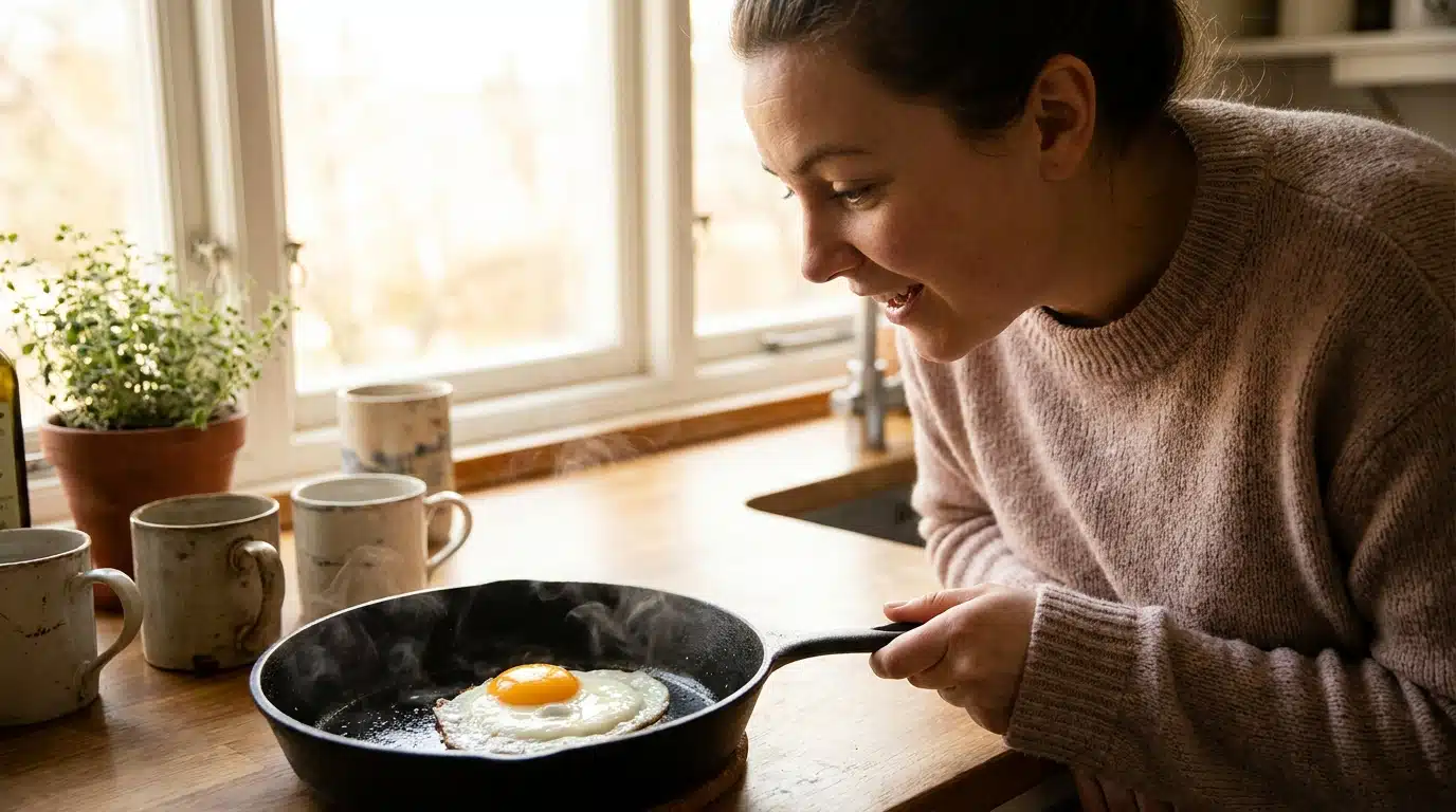 Personne surprise devant un œuf au plat réussi