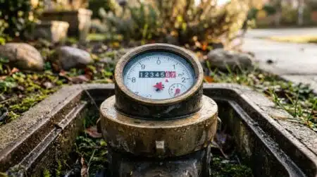 Gros plan sur un compteur d'eau avec roue rouge
