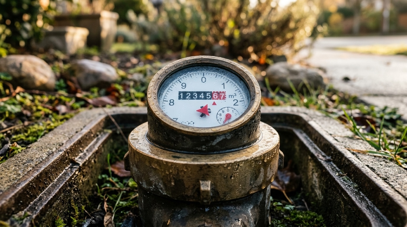 Gros plan sur un compteur d'eau avec roue rouge