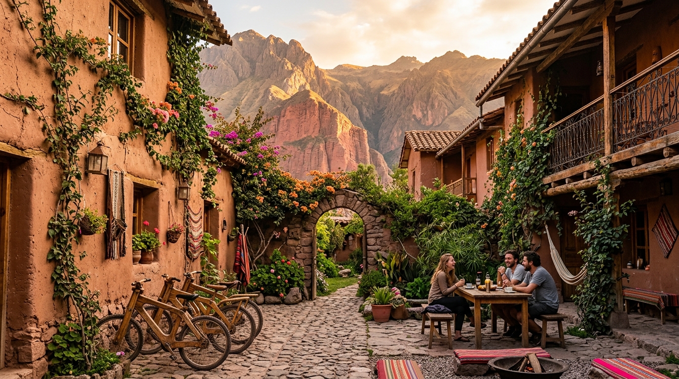 Auberge en pierre entourée de vignes dans les Andes