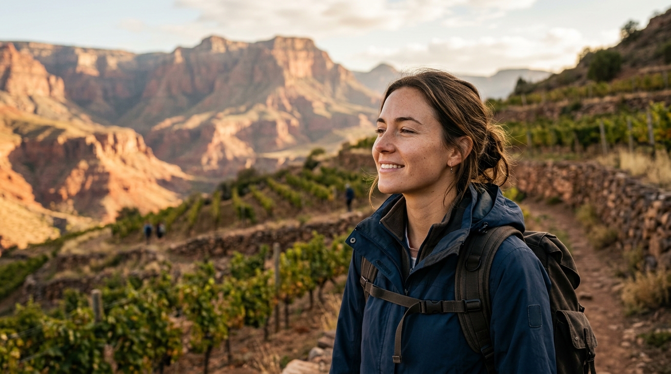Voyageur souriant face aux montagnes de Cafayate