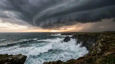 Ciel d'orage sombre au-dessus des côtes atlantiques irlandaises