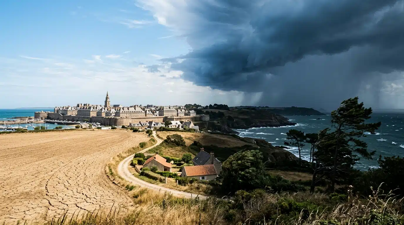 Contraste entre ciel ensoleillé sec et nuages de tempête