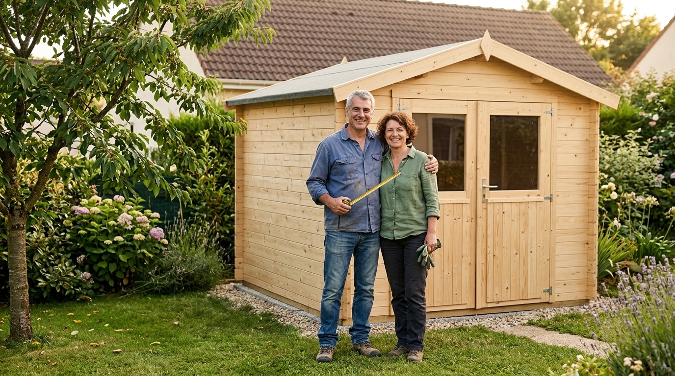 Couple installant une cabane de jardin en kit