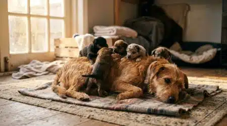 Chienne allongée entourée de plusieurs chiots orphelins